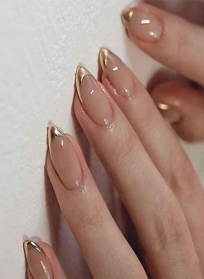 KQueenest Chrome Gold French Tip Press on Nails Short Almond, Natural Nude Fake Nails Press ons, Glazed Bling Glue on Nails Short Stiletto, Gel Stick on Nails for Women Daily Wear, 24 Pcs - Image 1